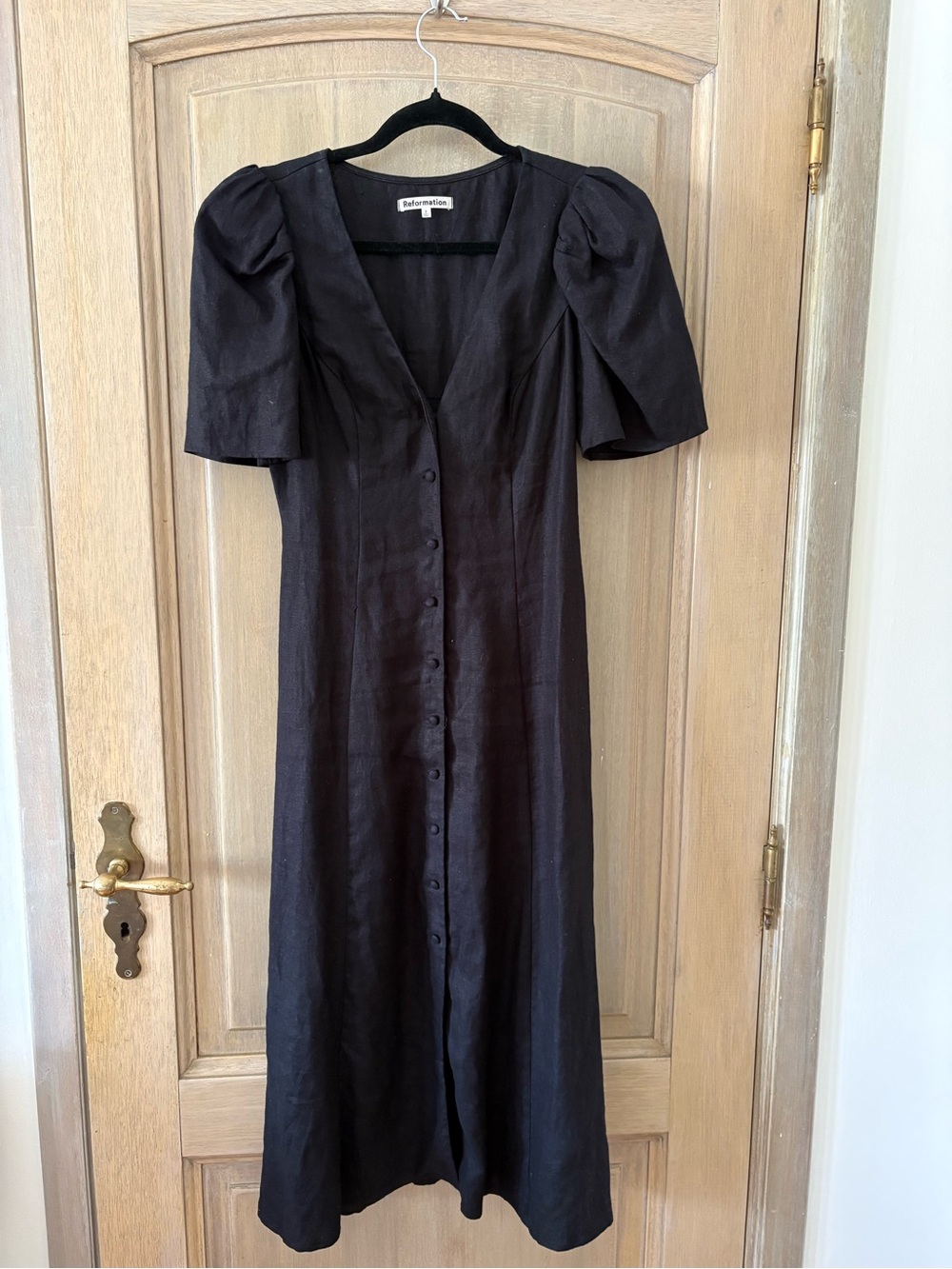 Reformation Black Button-Front Midi Dress with Puff Sleeves